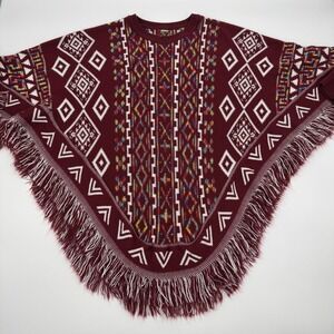 Marglop Burgundy Geometric Tribal Knit Poncho Fringe Wrap One Size